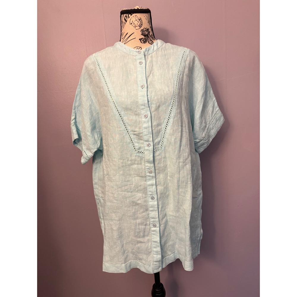 Paul Costelloe Living Studio Blue Linen Tunic Shirt Ladder Lace Crochet‎ NWT